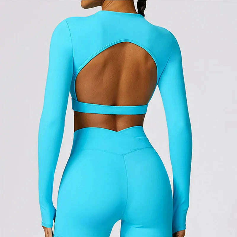 KIMLUD, New Sexy Backless Gym Top Women Fitness Crop Yop Quick Dry Sportswear Women Workout Top Long Sleeve Yoga Clothes With chest pads, KIMLUD Womens Clothes