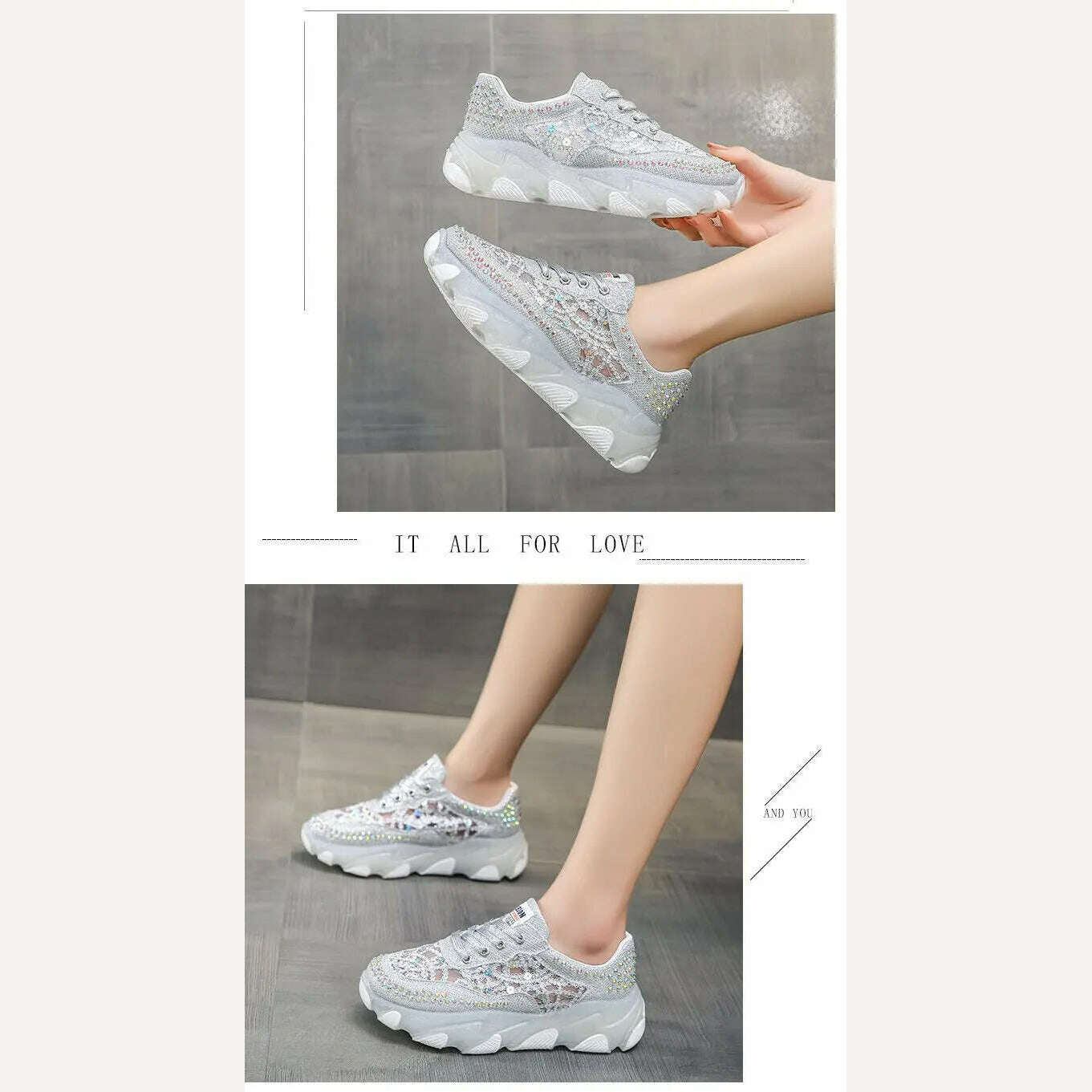 KIMLUD, New Silver Rhinestone Sneakers for Women Summer Casual Shoes Fashion Heightening Platform Shoes Female Lace Sneakers Sandals, KIMLUD Womens Clothes