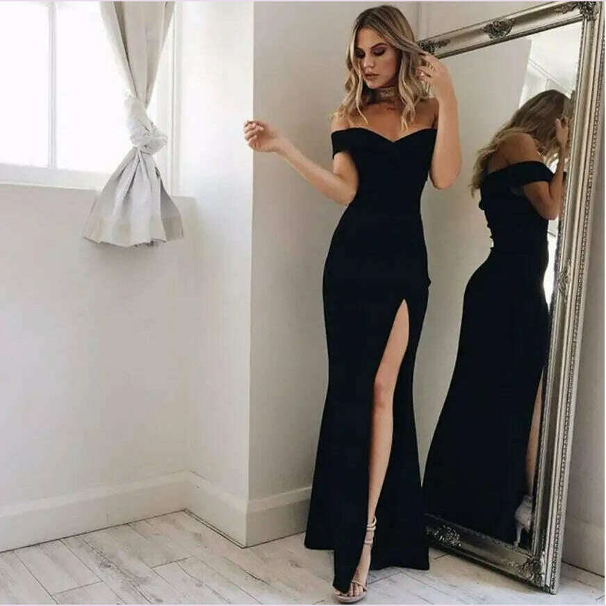 KIMLUD, New Summer Elegant Party Dresses Evening Sexy Blue Slim Maxi Dress Slash Neck Off Shoulder Wedding Guest Elegant Dress for Women, black / M, KIMLUD APPAREL - Womens Clothes