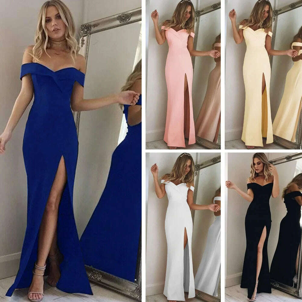 KIMLUD, New Summer Elegant Party Dresses Evening Sexy Blue Slim Maxi Dress Slash Neck Off Shoulder Wedding Guest Elegant Dress for Women, KIMLUD Womens Clothes