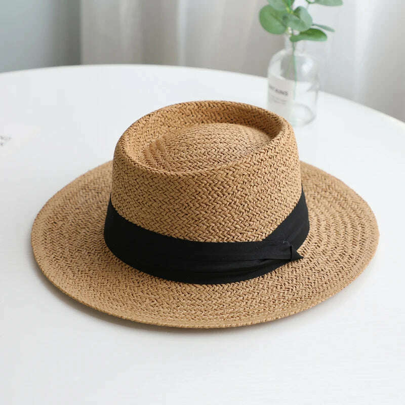 KIMLUD, NEW Summer Hat for Women Men Panama Straw Hats Travel Beach Sun Hat Wide Brim Fedora Jazz Hat UV Protection Summer Holiday Hats, Brown and black / 55-60CM, KIMLUD APPAREL - Womens Clothes