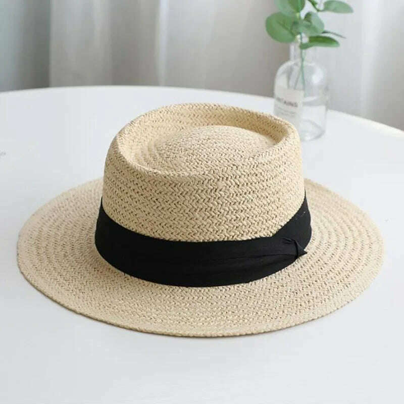 KIMLUD, NEW Summer Hat for Women Men Panama Straw Hats Travel Beach Sun Hat Wide Brim Fedora Jazz Hat UV Protection Summer Holiday Hats, Beige and black / 55-60CM, KIMLUD APPAREL - Womens Clothes