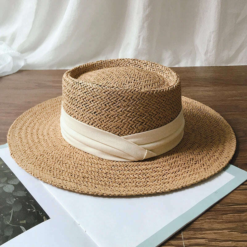 KIMLUD, NEW Summer Hat for Women Men Panama Straw Hats Travel Beach Sun Hat Wide Brim Fedora Jazz Hat UV Protection Summer Holiday Hats, Brown and White / 55-60CM, KIMLUD APPAREL - Womens Clothes