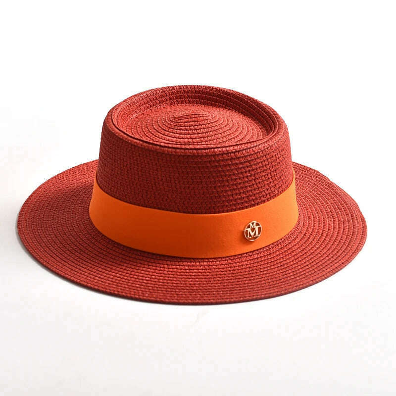 KIMLUD, New Summer Straw Sun Hats for Women Ladies Fashion Flat Brim Ribbon Beach Hat Travel Dress Cap chapeau femme, Red / 56-58CM, KIMLUD APPAREL - Womens Clothes