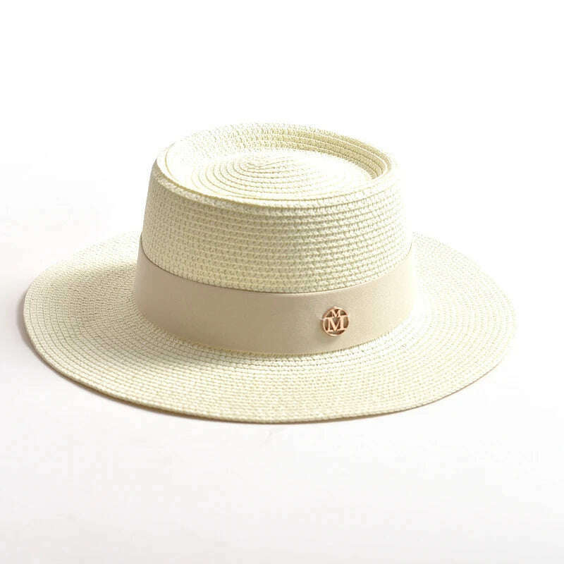 KIMLUD, New Summer Straw Sun Hats for Women Ladies Fashion Flat Brim Ribbon Beach Hat Travel Dress Cap chapeau femme, Milk white / 56-58CM, KIMLUD APPAREL - Womens Clothes