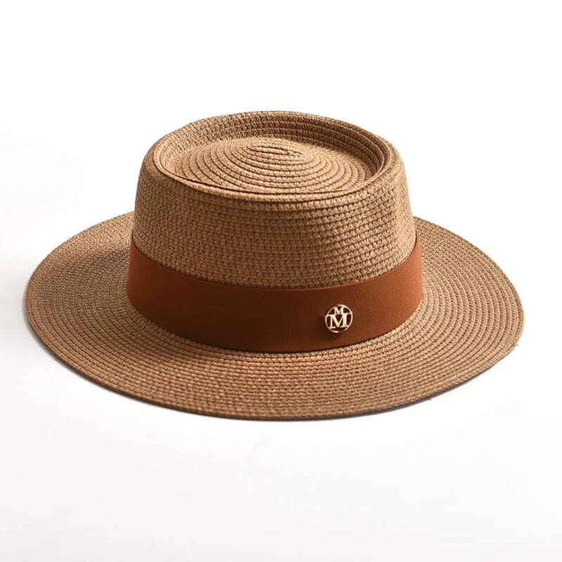 KIMLUD, New Summer Straw Sun Hats for Women Ladies Fashion Flat Brim Ribbon Beach Hat Travel Dress Cap chapeau femme, Khaki / 56-58CM, KIMLUD APPAREL - Womens Clothes