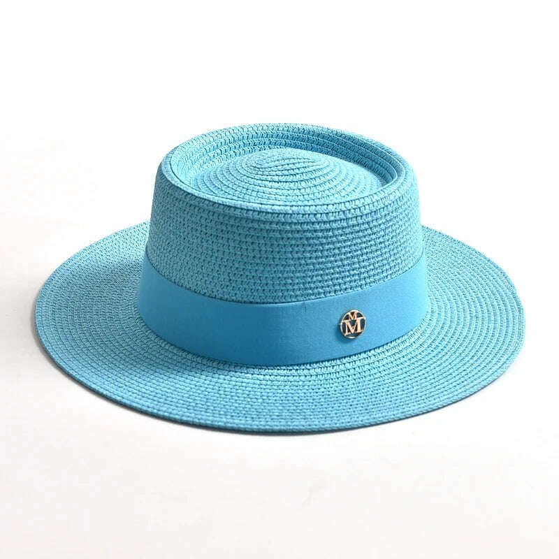 KIMLUD, New Summer Straw Sun Hats for Women Ladies Fashion Flat Brim Ribbon Beach Hat Travel Dress Cap chapeau femme, Lake blue / 56-58CM, KIMLUD APPAREL - Womens Clothes