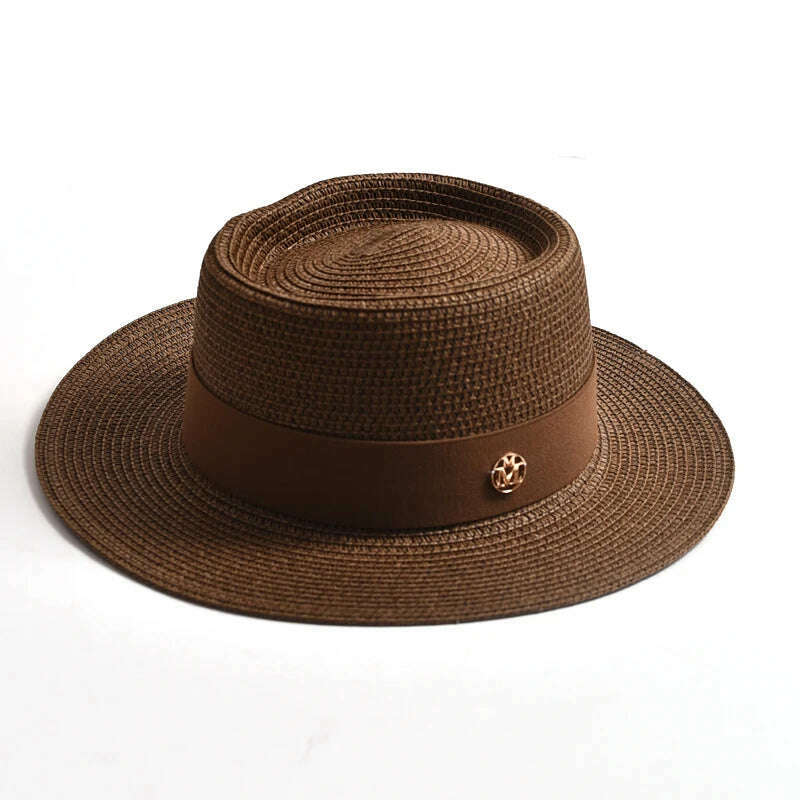 KIMLUD, New Summer Straw Sun Hats for Women Ladies Fashion Flat Brim Ribbon Beach Hat Travel Dress Cap chapeau femme, coffee / 56-58CM, KIMLUD APPAREL - Womens Clothes