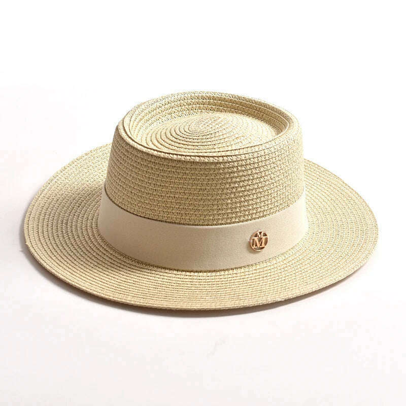 KIMLUD, New Summer Straw Sun Hats for Women Ladies Fashion Flat Brim Ribbon Beach Hat Travel Dress Cap chapeau femme, Beige / 56-58CM, KIMLUD APPAREL - Womens Clothes