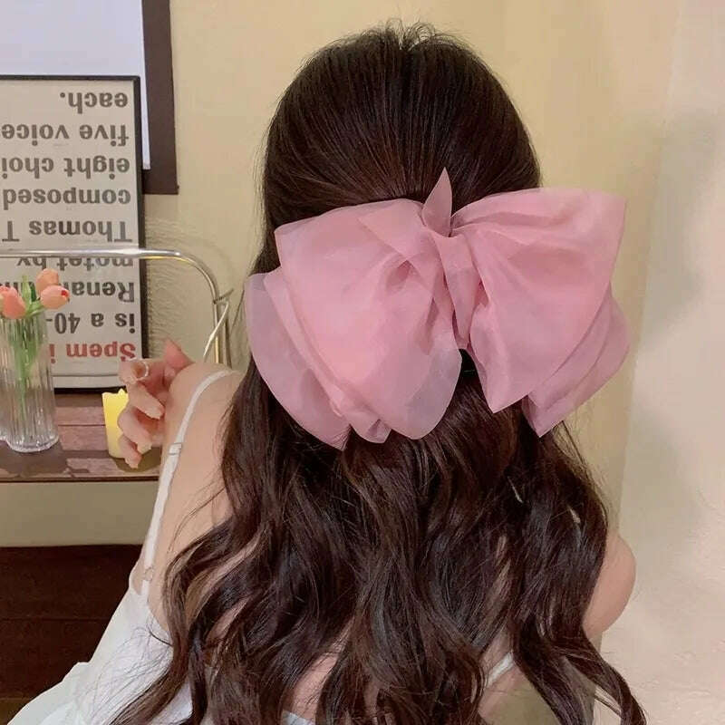 KIMLUD, New Sweet Mesh Thin Gauze Big Bow Hair Claw Clip Women's Bow Spring Clip Headwear Accessories, KIMLUD Womens Clothes