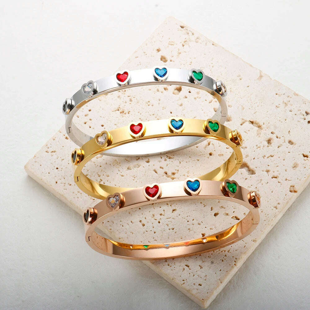 New Trendy Stainless Steel Colorful Zircon Love Heart Shaped Bracelet for Women Friendship Bangle Jewelry Gift - KIMLUD