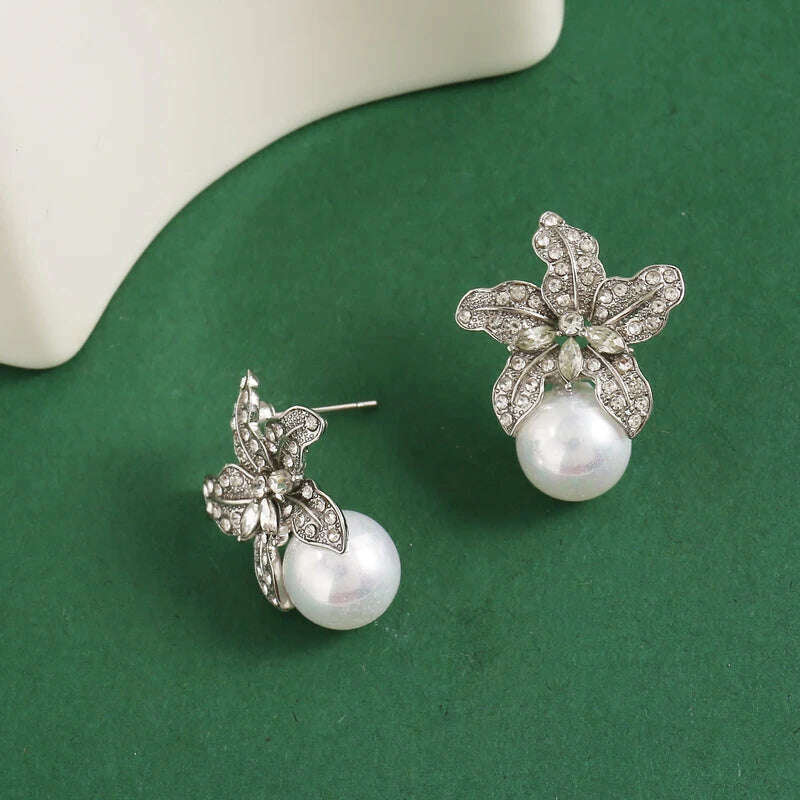 KIMLUD, New two-color lily earrings female light luxury temperament imitation pearl earrings personality all matching earrings, KIMLUD Womens Clothes