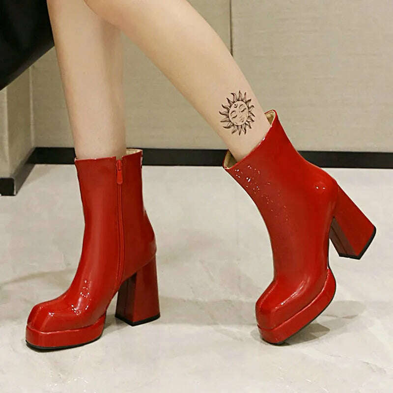 New Women Platform High Boots Patent Leather 9CM Square Toe Ankle Boots Autumn Winter Women's Shoes Street Series Women's Boots - KIMLUD