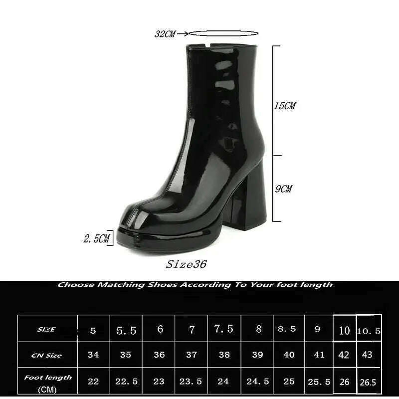 KIMLUD, New Women Platform High Boots Patent Leather 9CM Square Toe Ankle Boots Autumn Winter Women's Shoes Street Series Women's Boots, KIMLUD Womens Clothes