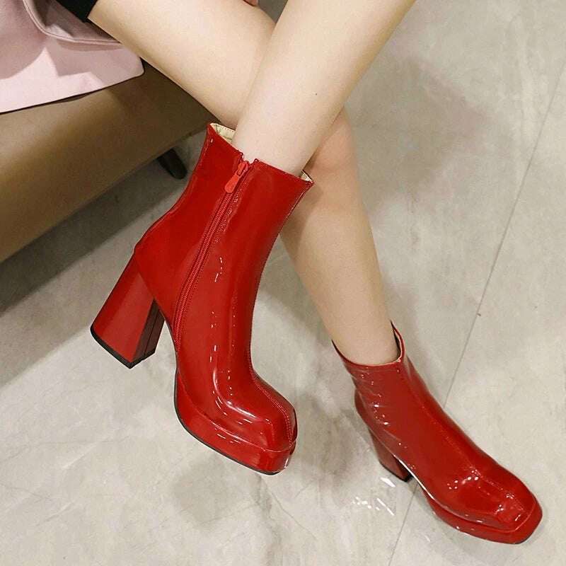 KIMLUD, New Women Platform High Boots Patent Leather 9CM Square Toe Ankle Boots Autumn Winter Women's Shoes Street Series Women's Boots, KIMLUD Womens Clothes