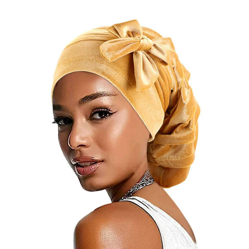 New Women Velvet Rasta Turban with Ribbon Head Wrap Beanie Hair Loss Chemo Slouchy Baggy Cap Bonnet African Nigerian Headwear - KIMLUD