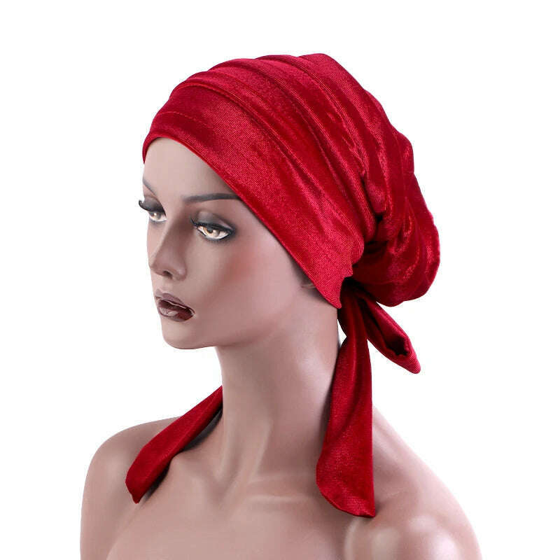 KIMLUD, New Women Velvet Rasta Turban with Ribbon Head Wrap Beanie Hair Loss Chemo Slouchy Baggy Cap Bonnet African Nigerian Headwear, Red / One Size, KIMLUD APPAREL - Womens Clothes