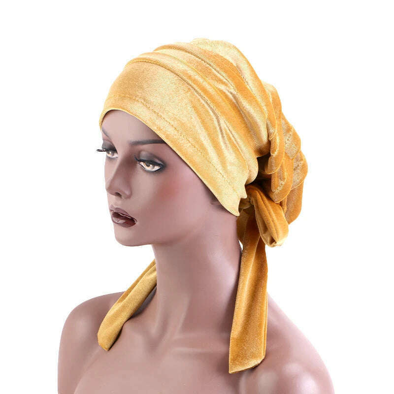 KIMLUD, New Women Velvet Rasta Turban with Ribbon Head Wrap Beanie Hair Loss Chemo Slouchy Baggy Cap Bonnet African Nigerian Headwear, khaki / One Size, KIMLUD APPAREL - Womens Clothes