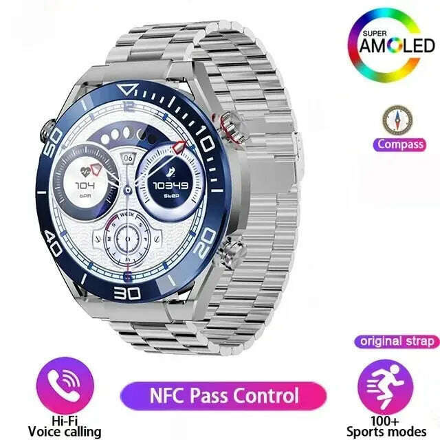 KIMLUD, NFC Smart Watch Men Full Touch Screen Bluetooth Call GPS Track Compass IP68 Heart Rate ECG 1.5 Inch Smartwatch For Apple Samsung, Steel Blue, KIMLUD APPAREL - Womens Clothes