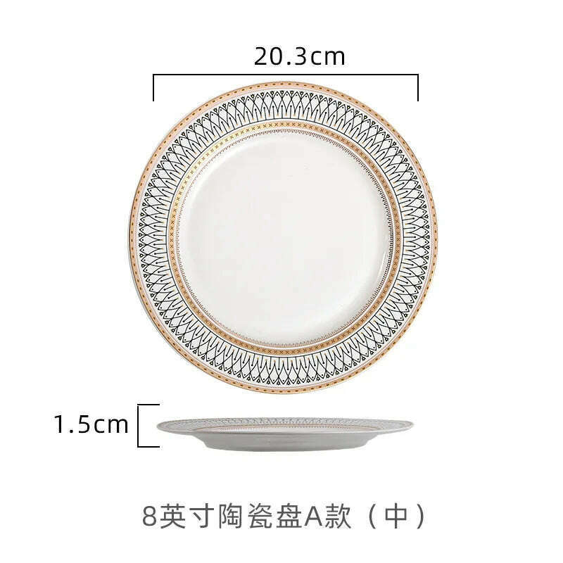 KIMLUD, Nordic Gold Edge Ceramic Tableware Dishes Plates Household Dishes Rice Bowls Soup Bowls Mugs Service Plate Dining Table Set, 8 inch-flat plate, KIMLUD APPAREL - Womens Clothes