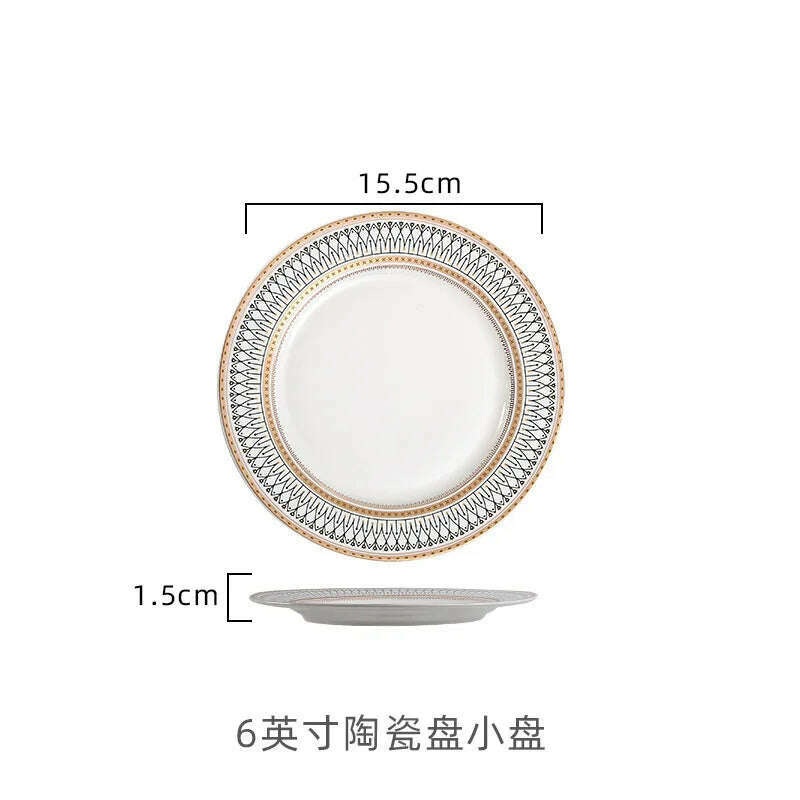 KIMLUD, Nordic Gold Edge Ceramic Tableware Dishes Plates Household Dishes Rice Bowls Soup Bowls Mugs Service Plate Dining Table Set, 6 inch-flat plate, KIMLUD APPAREL - Womens Clothes