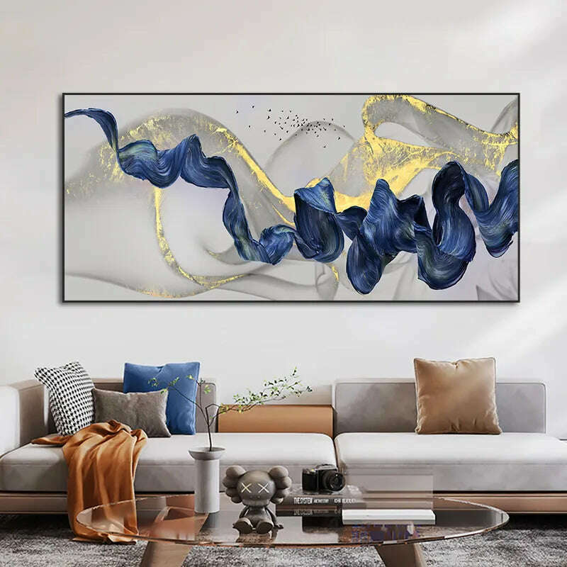 Nordic Golden Luxury Canvas Painting Blue Ribbon Abstract Posters and Prints Wall Art Pictures for Living Room Home Decoration - KIMLUD