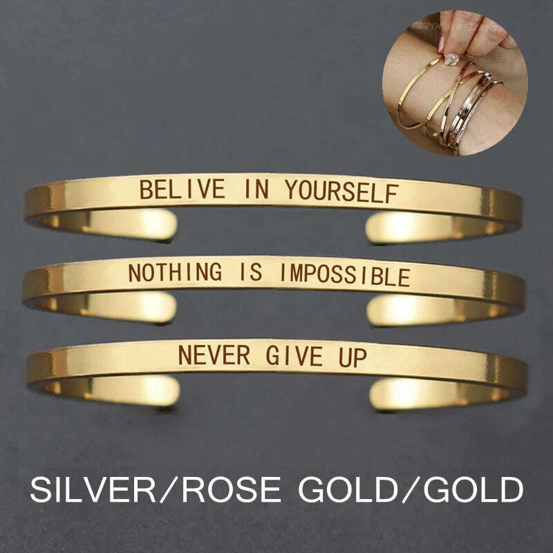 Nothing Is Impossible Letters Engraved Bangle Never Give up Metal Lettering Bracelet Fashion Charm Women Cuff Bracelet Best Gift - KIMLUD