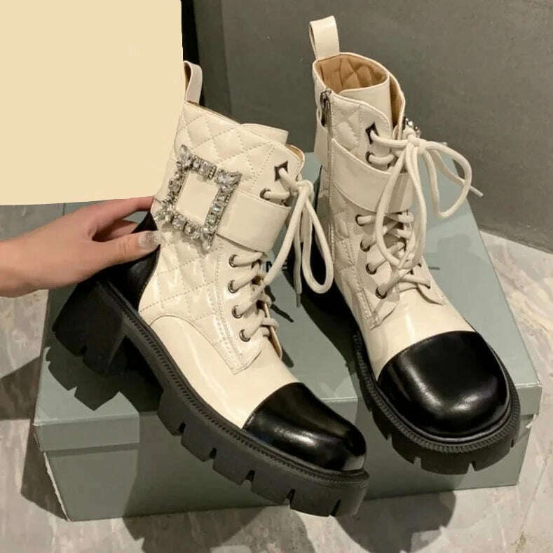 Ochanmeb Real Leather Boots Women Crystal Button Chunky Block Heel Lace-up Bootie Goth Zipper Platform Shoes Woman Autumn Winter - KIMLUD