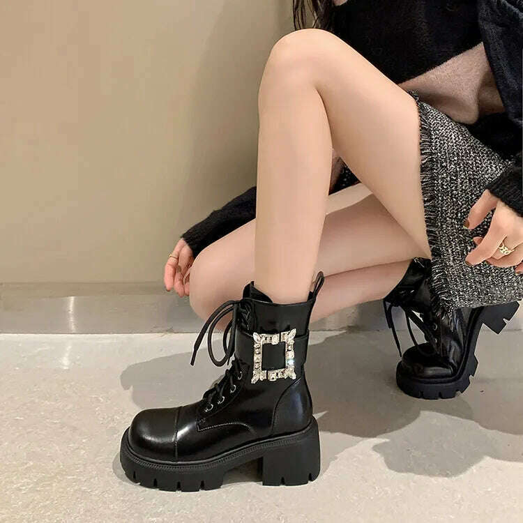 Ochanmeb Real Leather Boots Women Crystal Button Chunky Block Heel Lace-up Bootie Goth Zipper Platform Shoes Woman Autumn Winter - KIMLUD