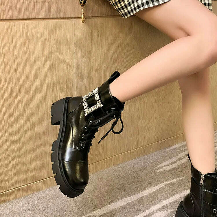 Ochanmeb Real Leather Boots Women Crystal Button Chunky Block Heel Lace-up Bootie Goth Zipper Platform Shoes Woman Autumn Winter - KIMLUD