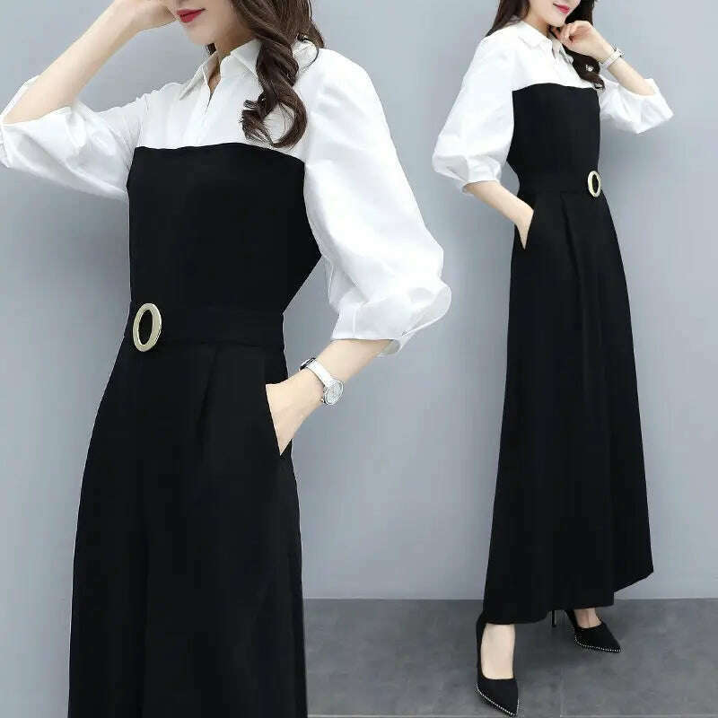 Office Lady Fashion Solid Color Spliced Jumpsuits Summer Female 3/4 Sleeve Casual High Waist Wide Leg Jumpsuits Women's Clothing - KIMLUD