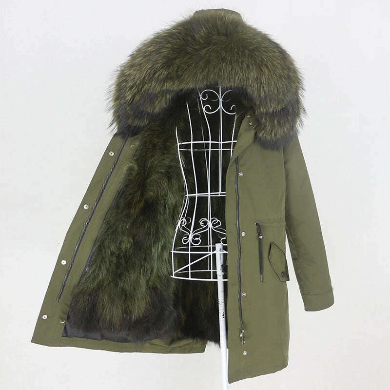 KIMLUD, OFTBUY 2022 Real Fur Coat Long Parka Winter Jacket Women Natural Raccoon Fur Collar Real Fox Fur Liner Detachable Streetwear New, full green D / XXL, KIMLUD APPAREL - Womens Clothes