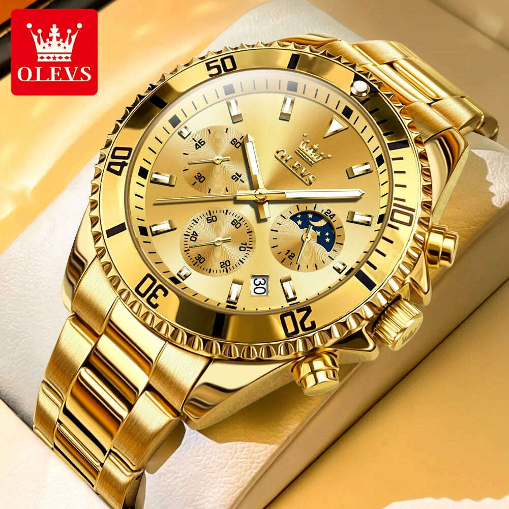 OLEVS 2870 Men's Watches Golden Stainless Steel Calendar Moon phase Chronograph 42.5mm Big Dial Men's Wristwatches Original - KIMLUD