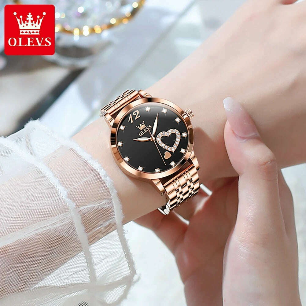 OLEVS 5189 Original Quartz Women Watch Stainless Steel Strap Diamond Heart Design Quartz Watch for Women Elegant Ladies Watch - KIMLUD