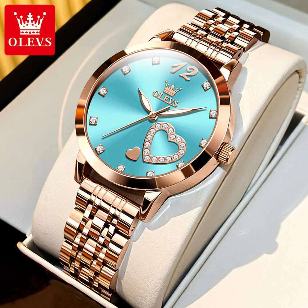 KIMLUD, OLEVS 5189 Original Quartz Women Watch Stainless Steel Strap Diamond Heart Design Quartz Watch for Women Elegant Ladies Watch, Sky blue, KIMLUD APPAREL - Womens Clothes