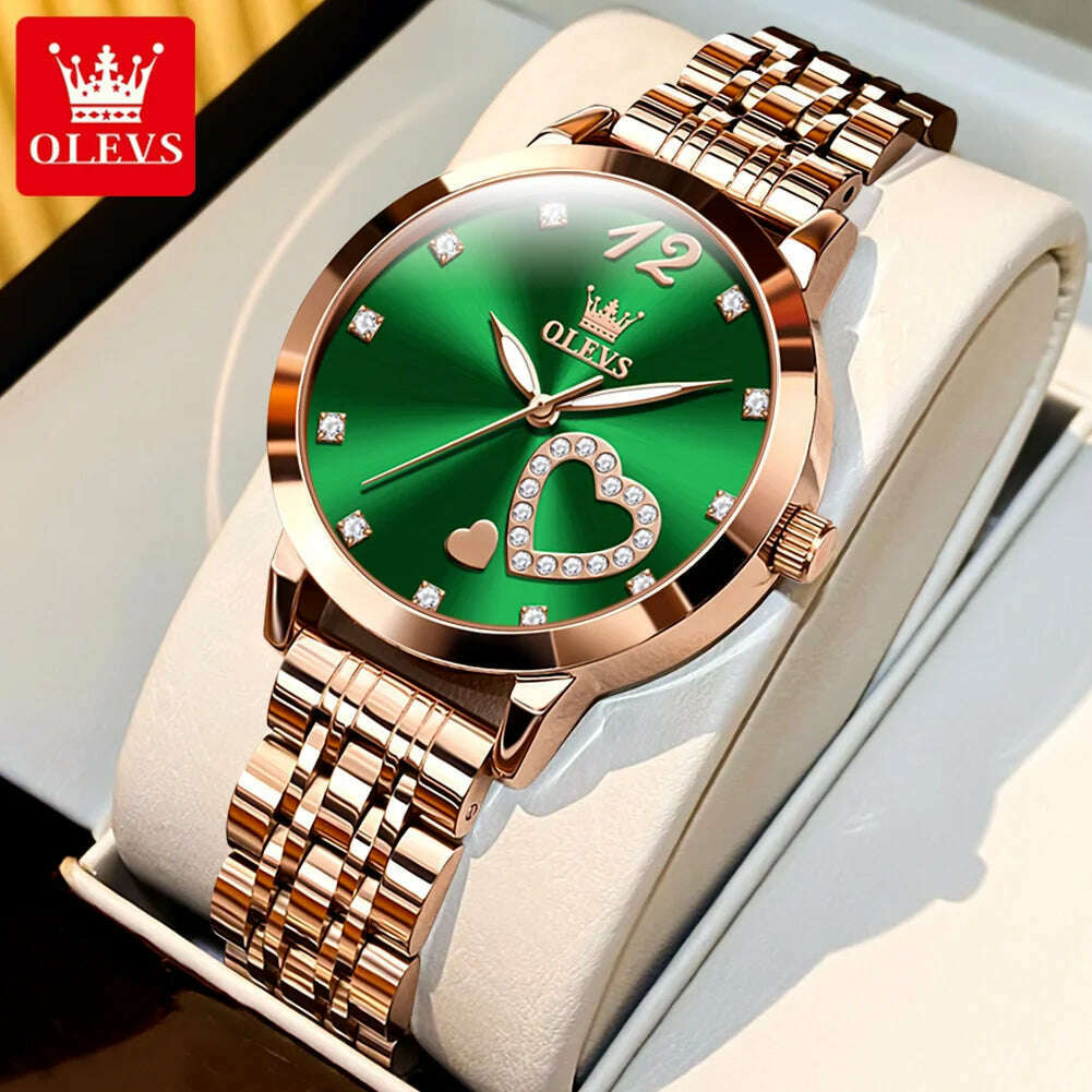 KIMLUD, OLEVS 5189 Original Quartz Women Watch Stainless Steel Strap Diamond Heart Design Quartz Watch for Women Elegant Ladies Watch, Green, KIMLUD APPAREL - Womens Clothes