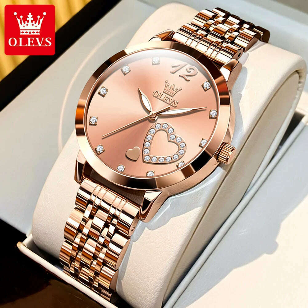 OLEVS 5189 Original Quartz Women Watch Stainless Steel Strap Diamond Heart Design Quartz Watch for Women Elegant Ladies Watch - KIMLUD