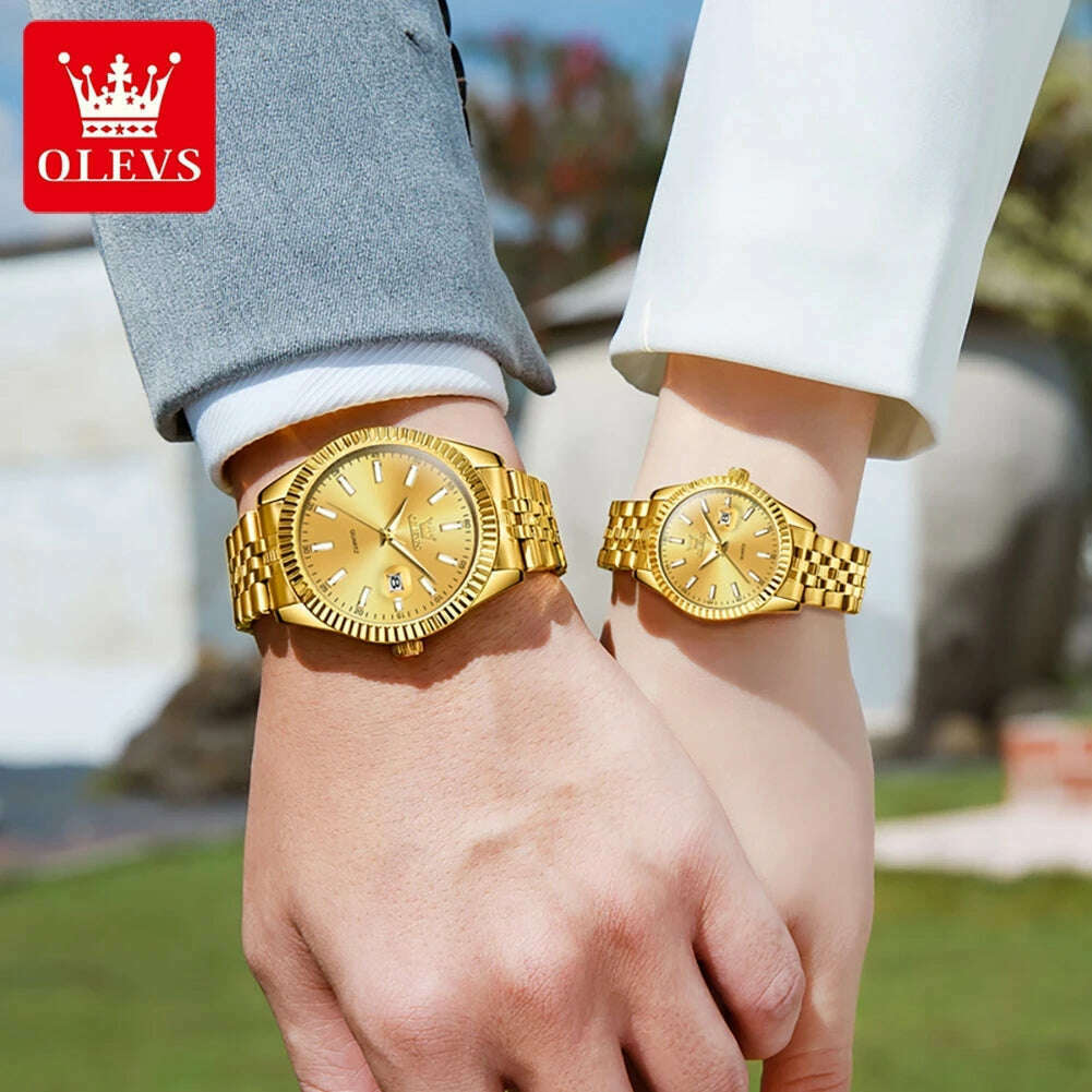 OLEVS Couple Watch Gold Stainless Steel Strap Quartz Watch His and Her Calendar Romantic Lover Original Luxury Male and Female - KIMLUD