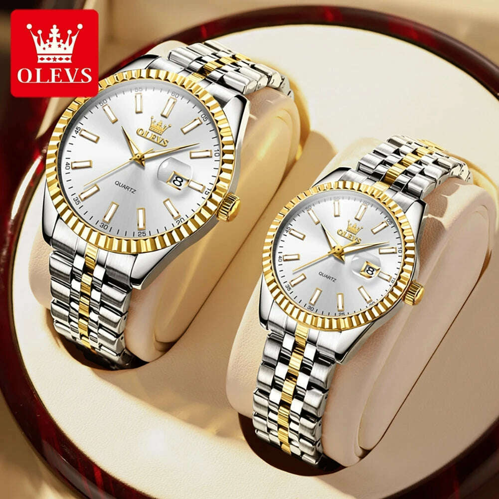 OLEVS Couple Watch Gold Stainless Steel Strap Quartz Watch His and Her Calendar Romantic Lover Original Luxury Male and Female - KIMLUD