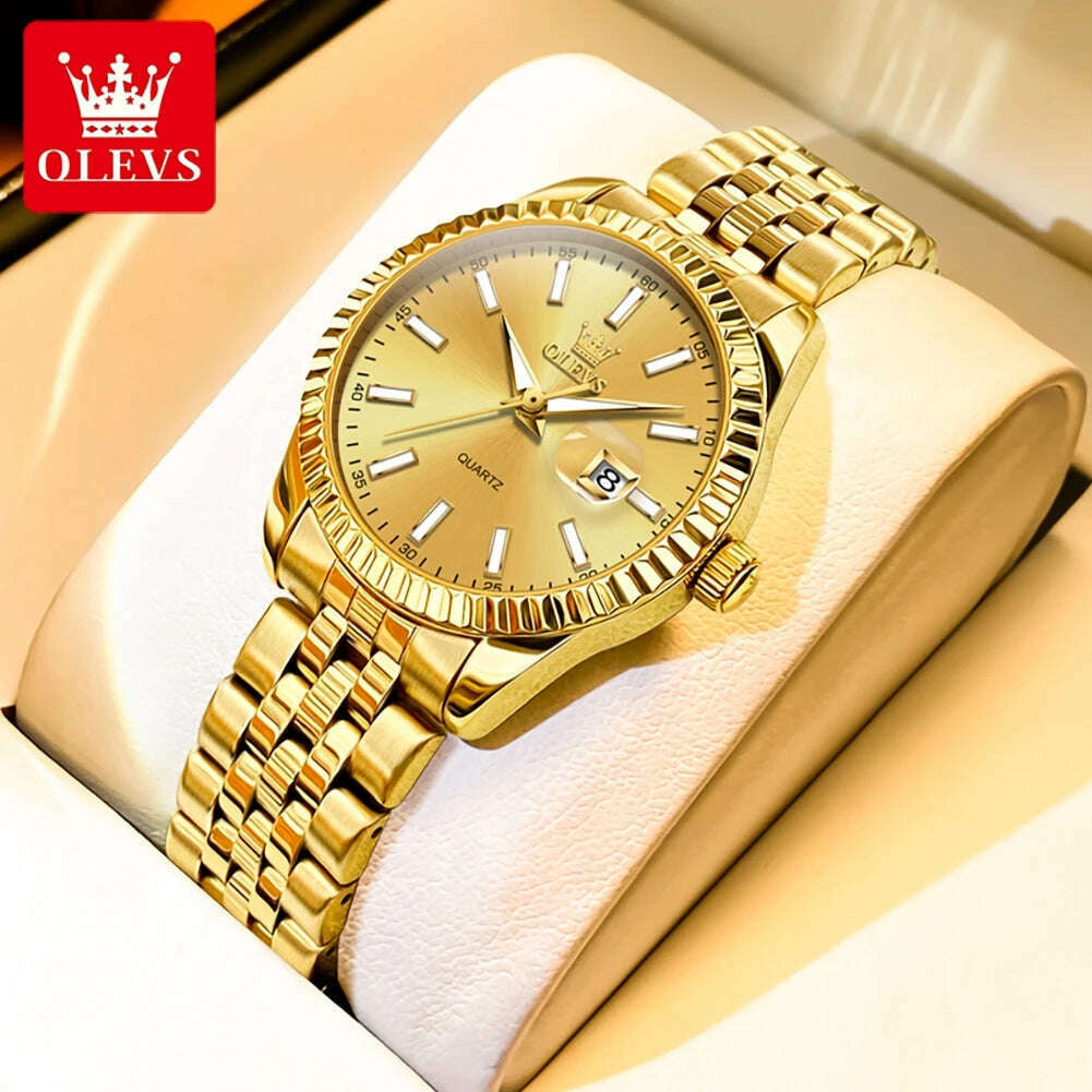 OLEVS Couple Watch Gold Stainless Steel Strap Quartz Watch His and Her Calendar Romantic Lover Original Luxury Male and Female - KIMLUD