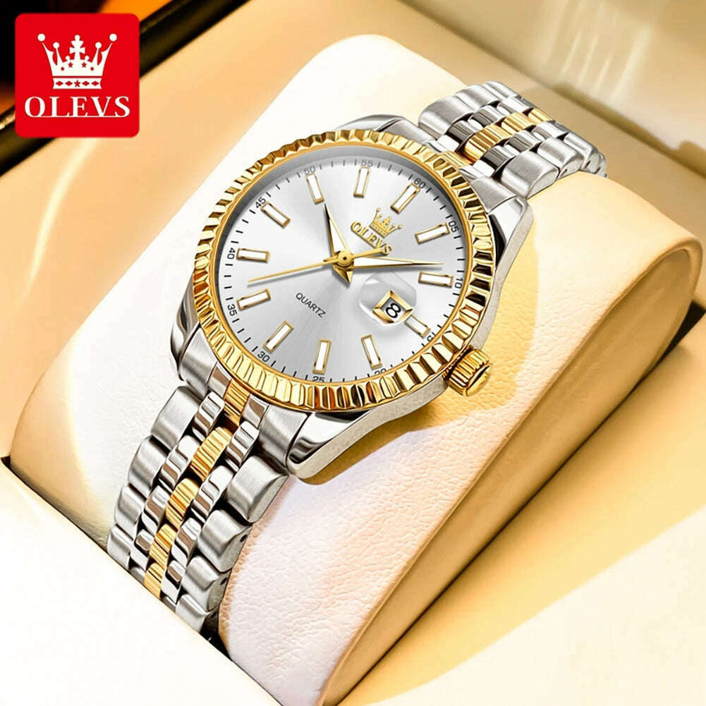 OLEVS Couple Watch Gold Stainless Steel Strap Quartz Watch His and Her Calendar Romantic Lover Original Luxury Male and Female - KIMLUD