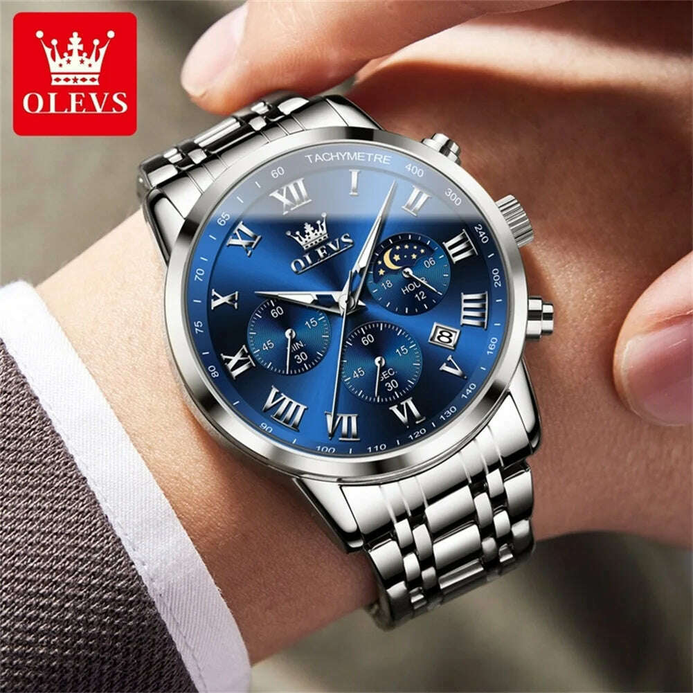 OLEVS Top Luxury Brand Men's Watches Luminous Moon Phase Stainless Steel Chronograp Calendar Quartz Watch Original Wristwatch - KIMLUD