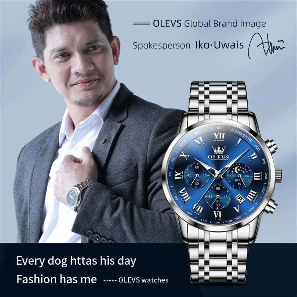 OLEVS Top Luxury Brand Men's Watches Luminous Moon Phase Stainless Steel Chronograp Calendar Quartz Watch Original Wristwatch - KIMLUD