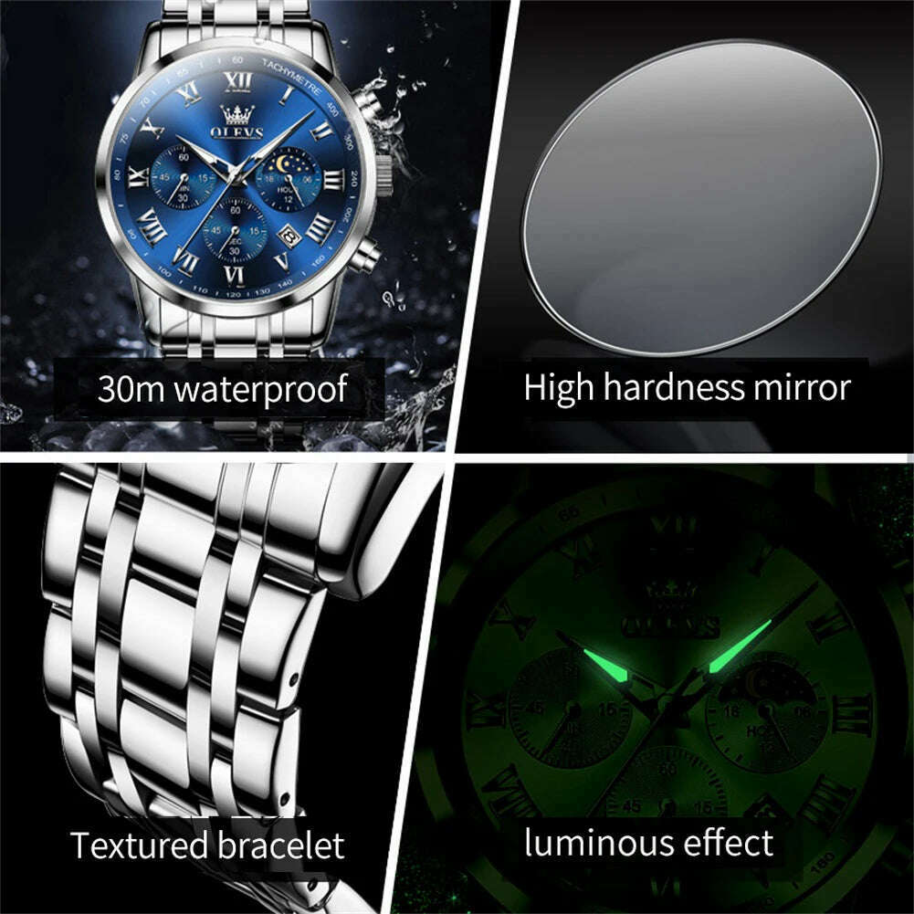 KIMLUD, OLEVS Top Luxury Brand Men's Watches Luminous Moon Phase Stainless Steel Chronograp Calendar Quartz Watch Original Wristwatch, KIMLUD Womens Clothes