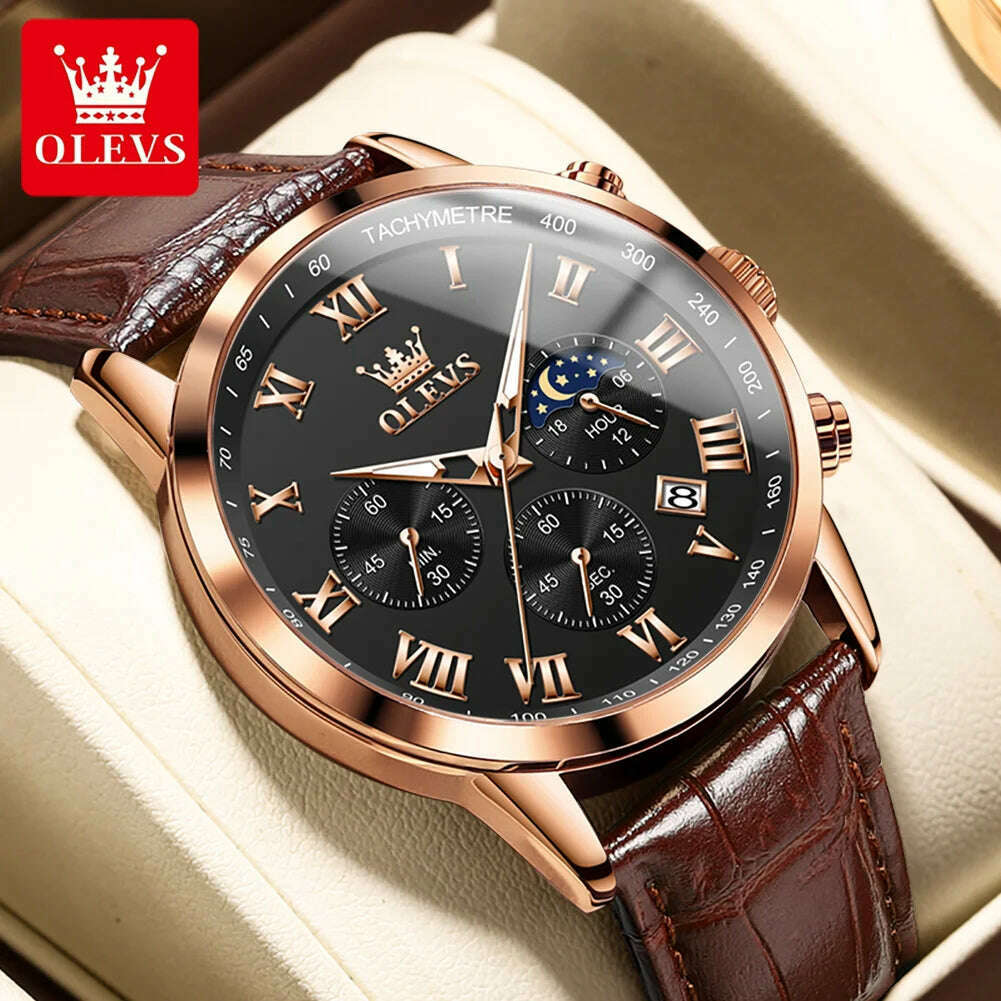 OLEVS Top Luxury Brand Men's Watches Luminous Moon Phase Stainless Steel Chronograp Calendar Quartz Watch Original Wristwatch - KIMLUD