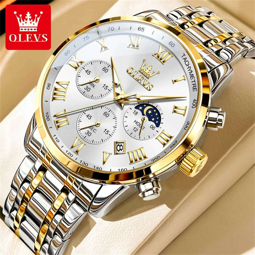 KIMLUD, OLEVS Top Luxury Brand Men's Watches Luminous Moon Phase Stainless Steel Chronograp Calendar Quartz Watch Original Wristwatch, gold white / CHINA, KIMLUD APPAREL - Womens Clothes