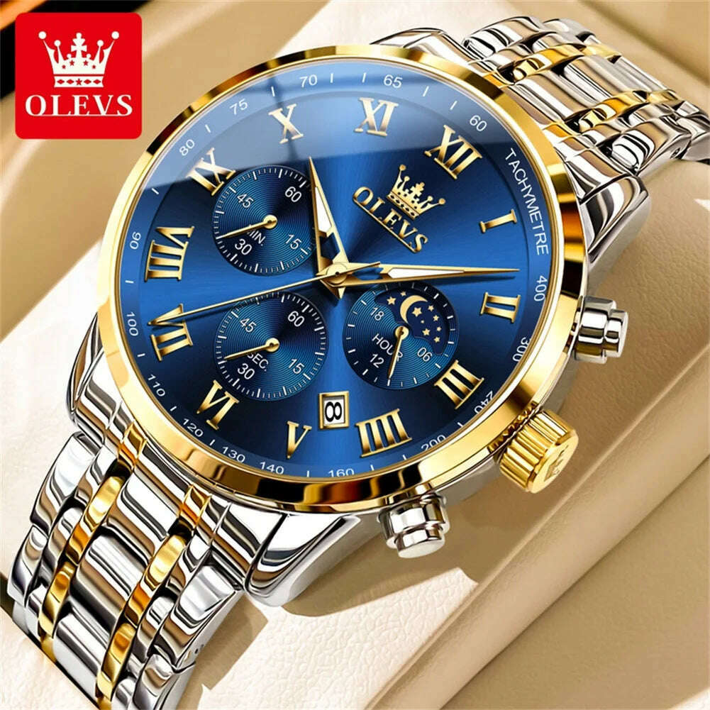 OLEVS Top Luxury Brand Men's Watches Luminous Moon Phase Stainless Steel Chronograp Calendar Quartz Watch Original Wristwatch - KIMLUD