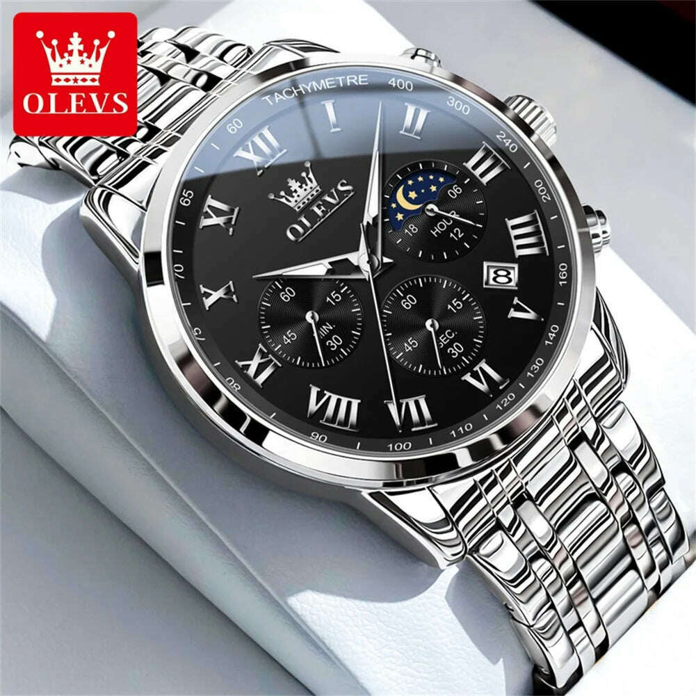 OLEVS Top Luxury Brand Men's Watches Luminous Moon Phase Stainless Steel Chronograp Calendar Quartz Watch Original Wristwatch - KIMLUD