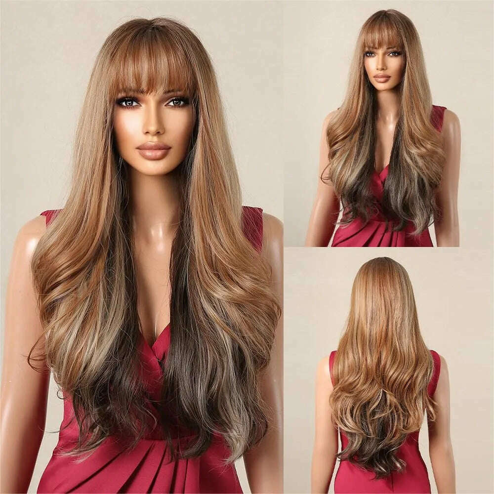 KIMLUD, Ombre Honey Brown Synthetic Hair Wigs Long Natural Body Wavy Wig with Bangs Realistic Daily Party Soft Wig Heat Resistant Fiber, KIMLUD Womens Clothes