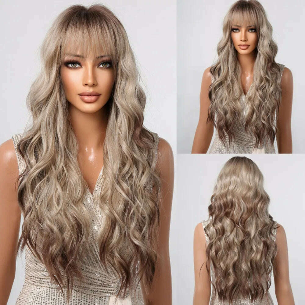 KIMLUD, Ombre Honey Brown Synthetic Hair Wigs Long Natural Body Wavy Wig with Bangs Realistic Daily Party Soft Wig Heat Resistant Fiber, LC2108-1, KIMLUD APPAREL - Womens Clothes